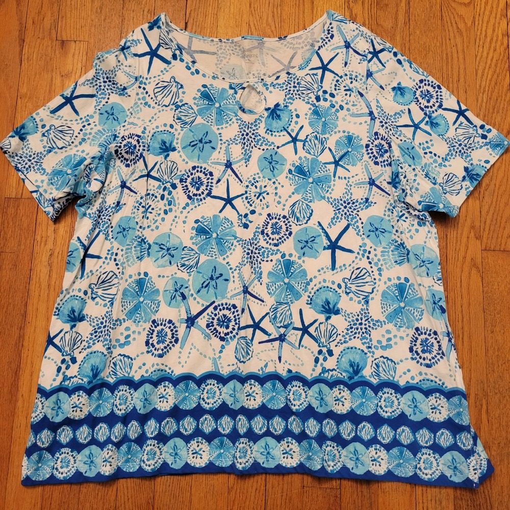 Kim Rogers 3X Tee Blue White Starfish Sand Dollar Keyhole Nautical Coastal Ocean